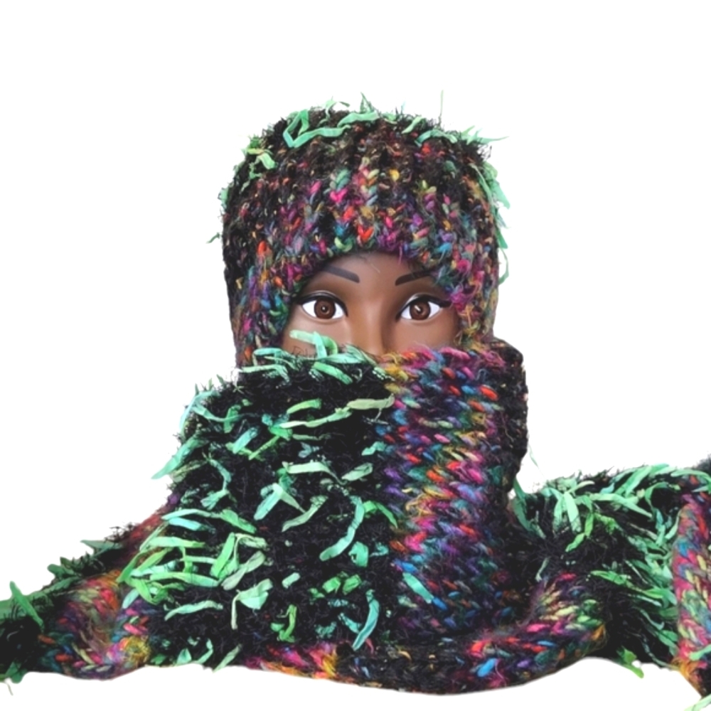 Slouch Bohemian Hat & Scarf Wrap Set Multi-Color Girls Med. Size OOAK - Picture 7 of 8